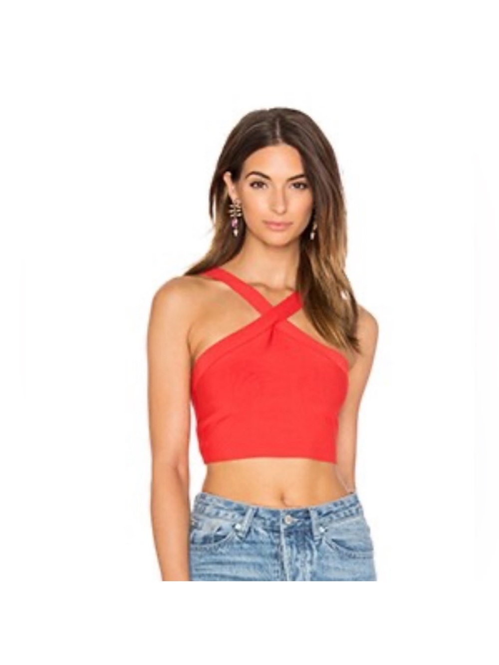 BCBGMaxAzria “Jayla” Halter Poppy Color Crossback Crop Top Sz M Like New